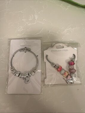 Stainless Steel Silver Charm Bracelet with Pink Accent Charms